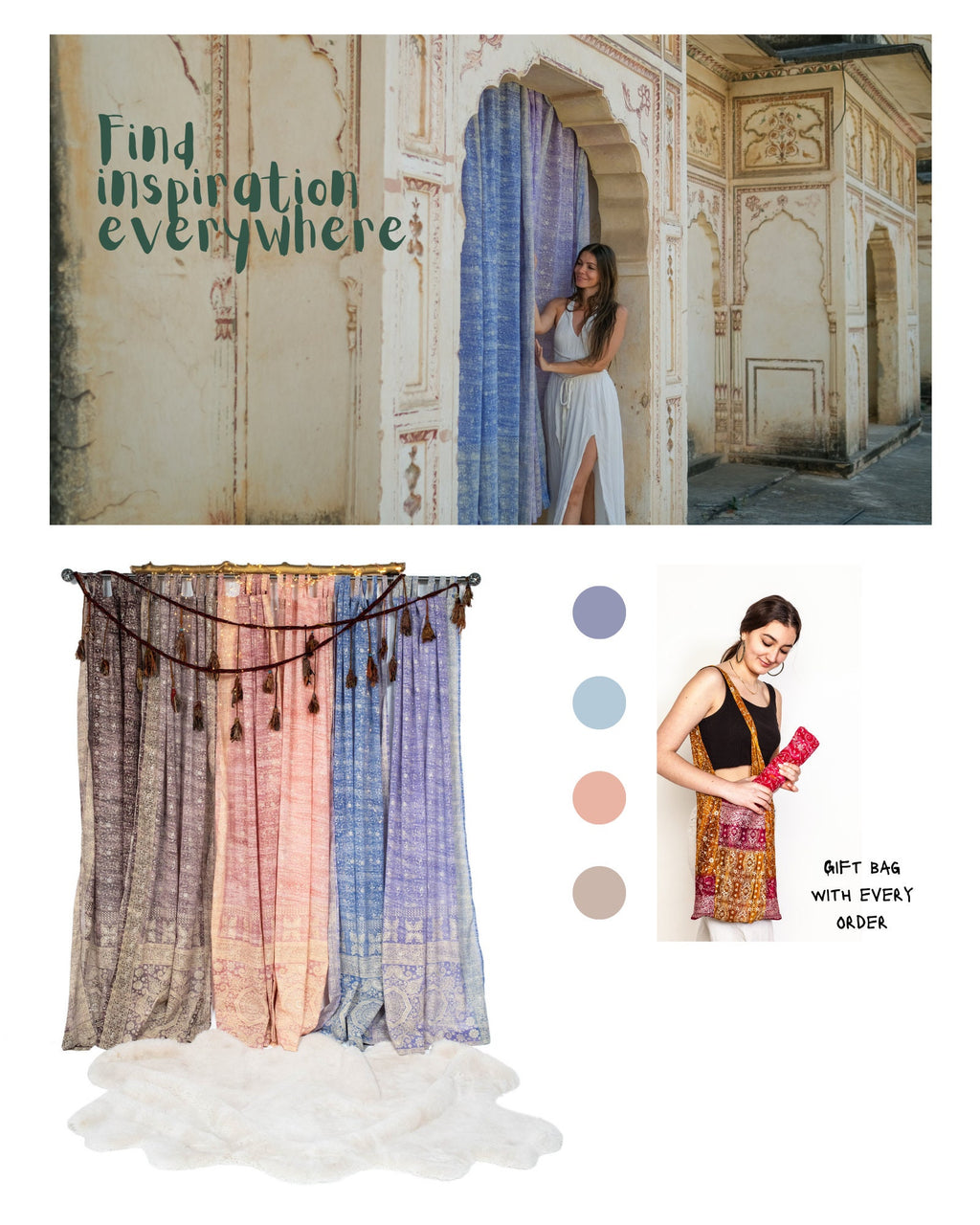 Block Print Sari Curtains, Dusty Rose Sheer Georgette, Boho Window Treatment