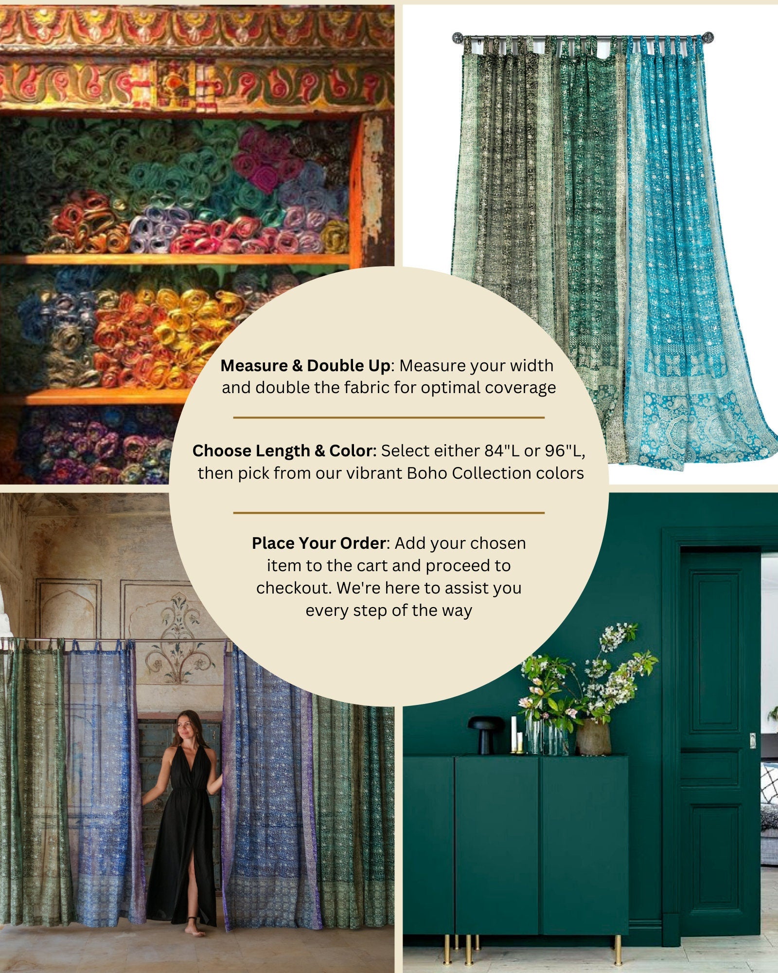 Sari Curtains 84"/96"L Boho Curtain BoHoEARTH Light-Filtering Moss Pine Green drapes Bed Canopy backdrop Window Treatment Living/Bedroom