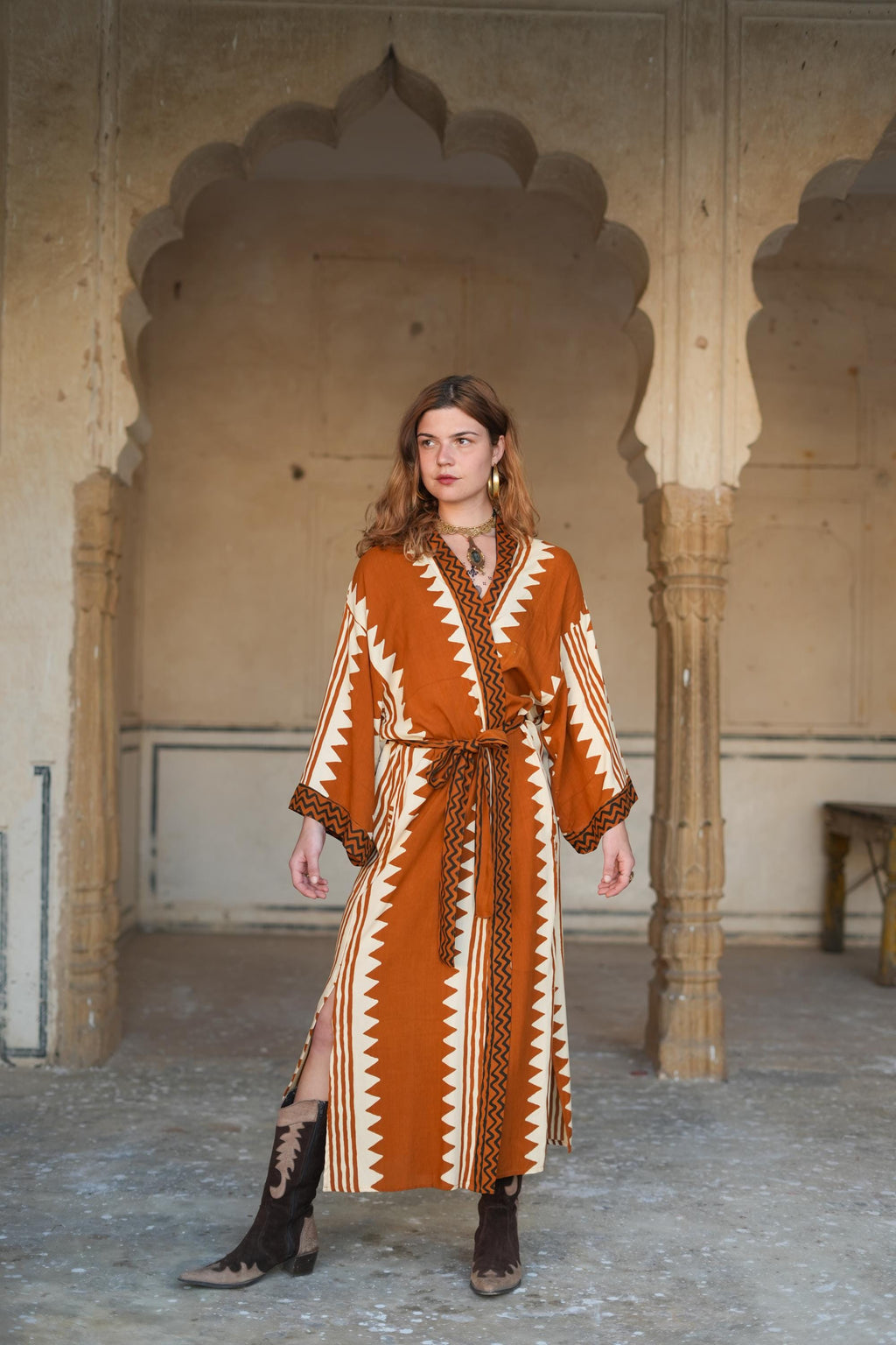 Tribal Graphic Midi Kimono – Earth Tones, Black & White and Maroon accent Bold Tribal Printed Rayon Wrap with Pockets and Sash
