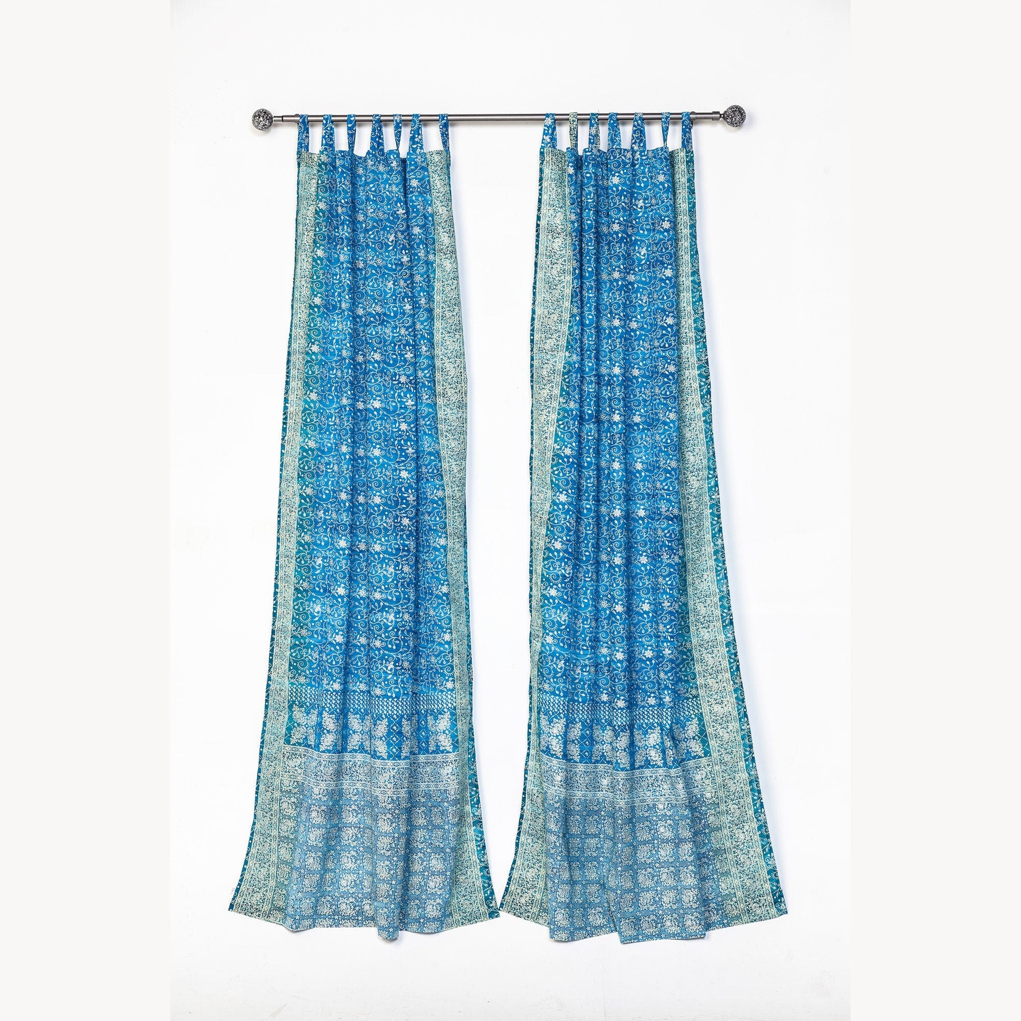 Block Print Sari Curtains, 84"/96"/108"L Boho Window Treatment- Turquoise Teal light filtering