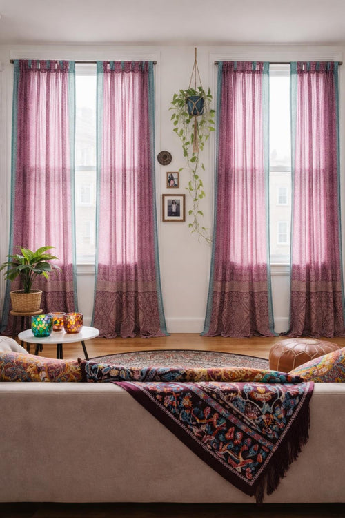 Boho Sari Curtains - Magenta Aqua Window Panels - Light Filtering Sheer Drapes - Colorful Bohemian Living Room Decor