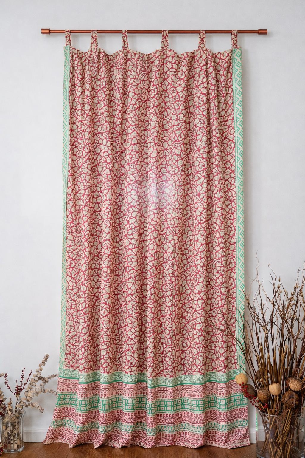 96" Block Print Rayon Curtains•Boho Tab Top Drapes with Border • Light Filtering Bohemian Style Curtain•Natural Cotton Style light Curtain