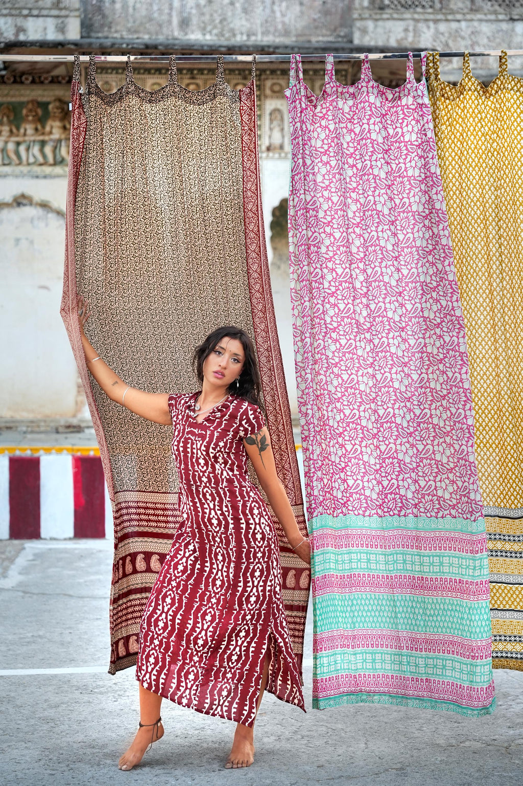 96" Block Print Rayon Curtains•Boho Tab Top Drapes with Border • Light Filtering Bohemian Style Curtain•Natural Cotton Style light Curtain