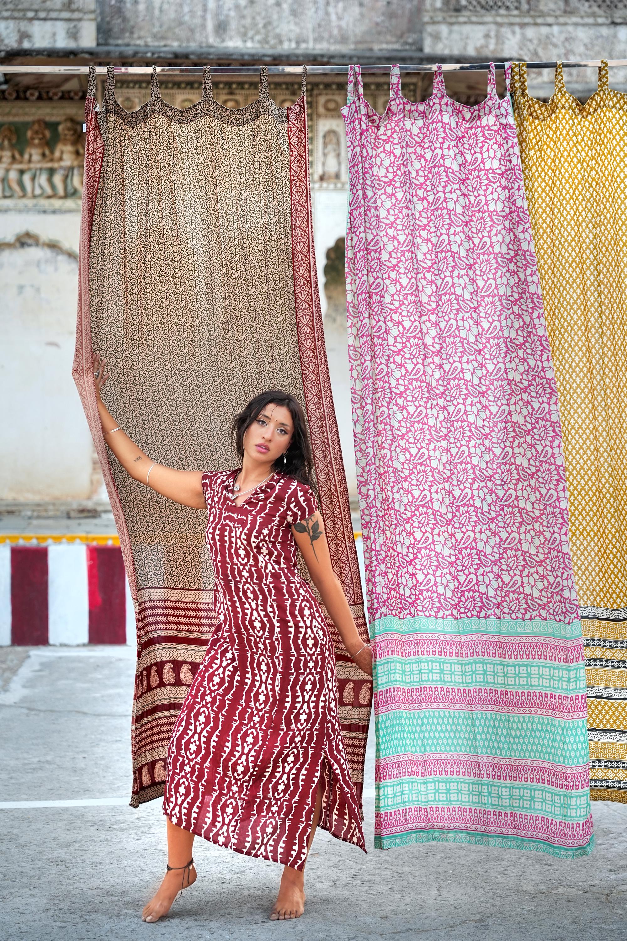 96" Block Print Rayon Curtains•Boho Tab Top Drapes with Border • Light Filtering Bohemian Style Curtain•Natural Cotton Style light Curtain