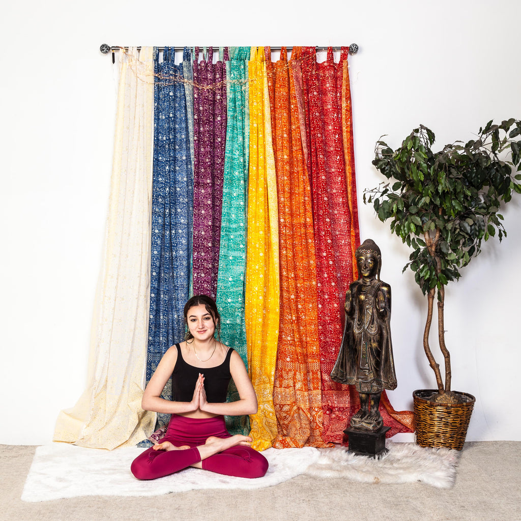 Yoga Studio Curtains Light Filtering Panels, Offwhite Boho Sari Curtains, Meditation Room Drapes, Sheer Window Curtains