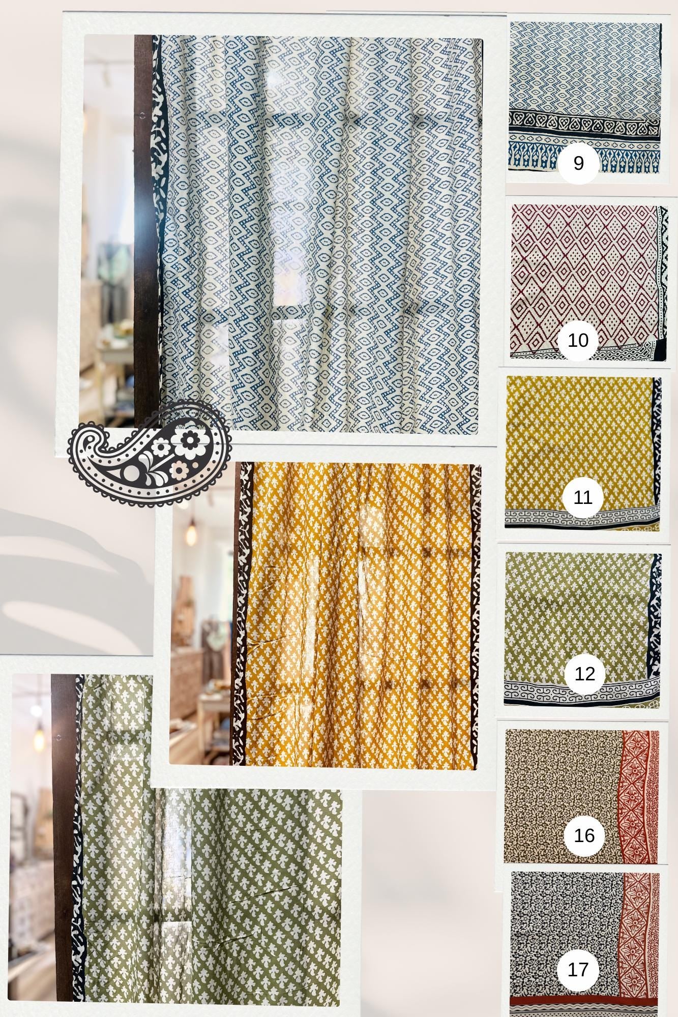 96" Block Print Rayon Curtains•Boho Tab Top Drapes with Border • Light Filtering Bohemian Style Curtain • Soft rayon Style light Curtain