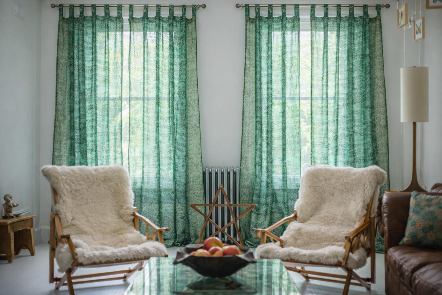 Green Pine Sari Curtain: Boho Light-Filtering Drapes with Block Print
