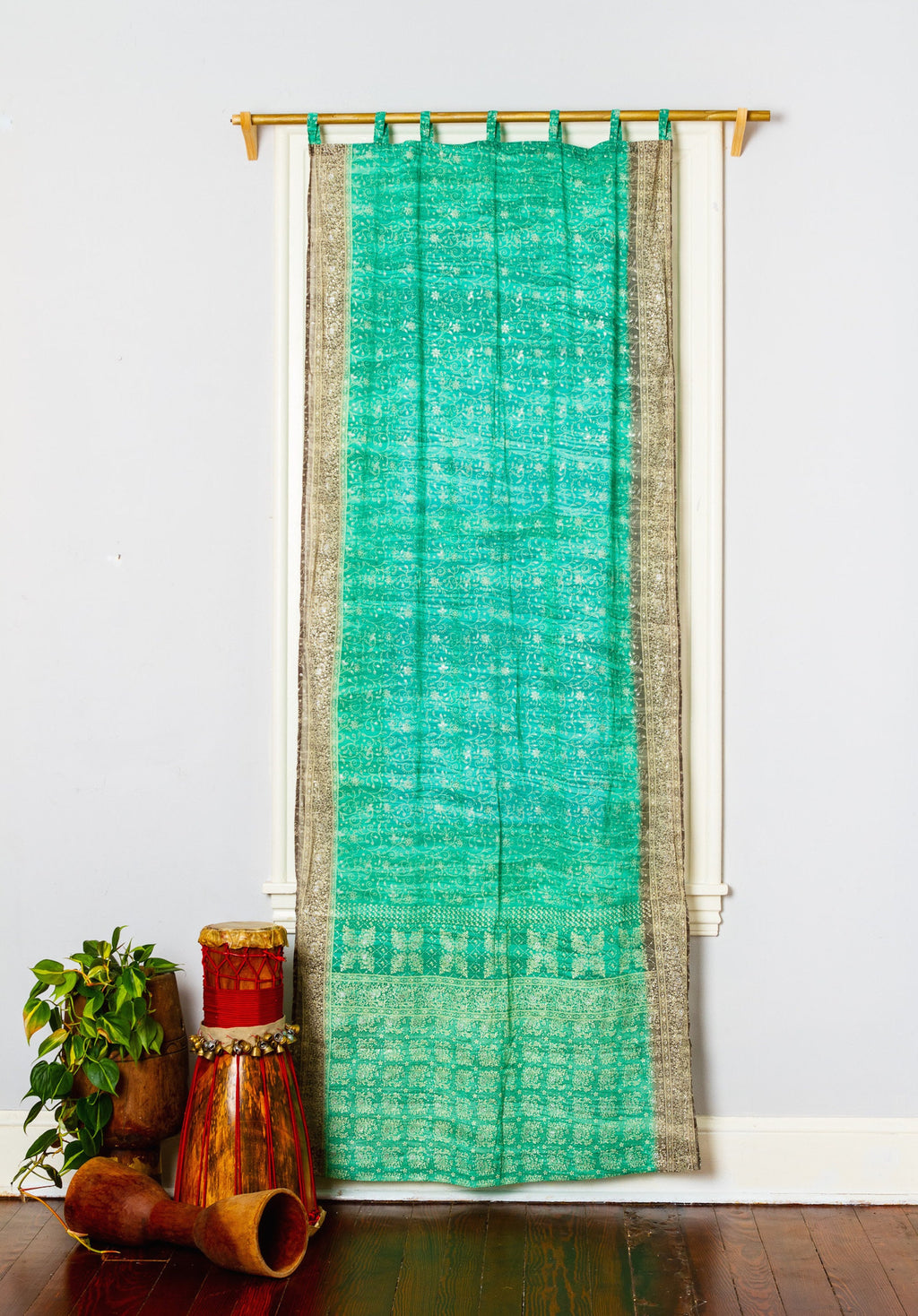 Sea Green Taupe Sari Curtain Boho Window Treatment Sheer Drapes for Bedroom Living Dining room Bed Canopy 84''L