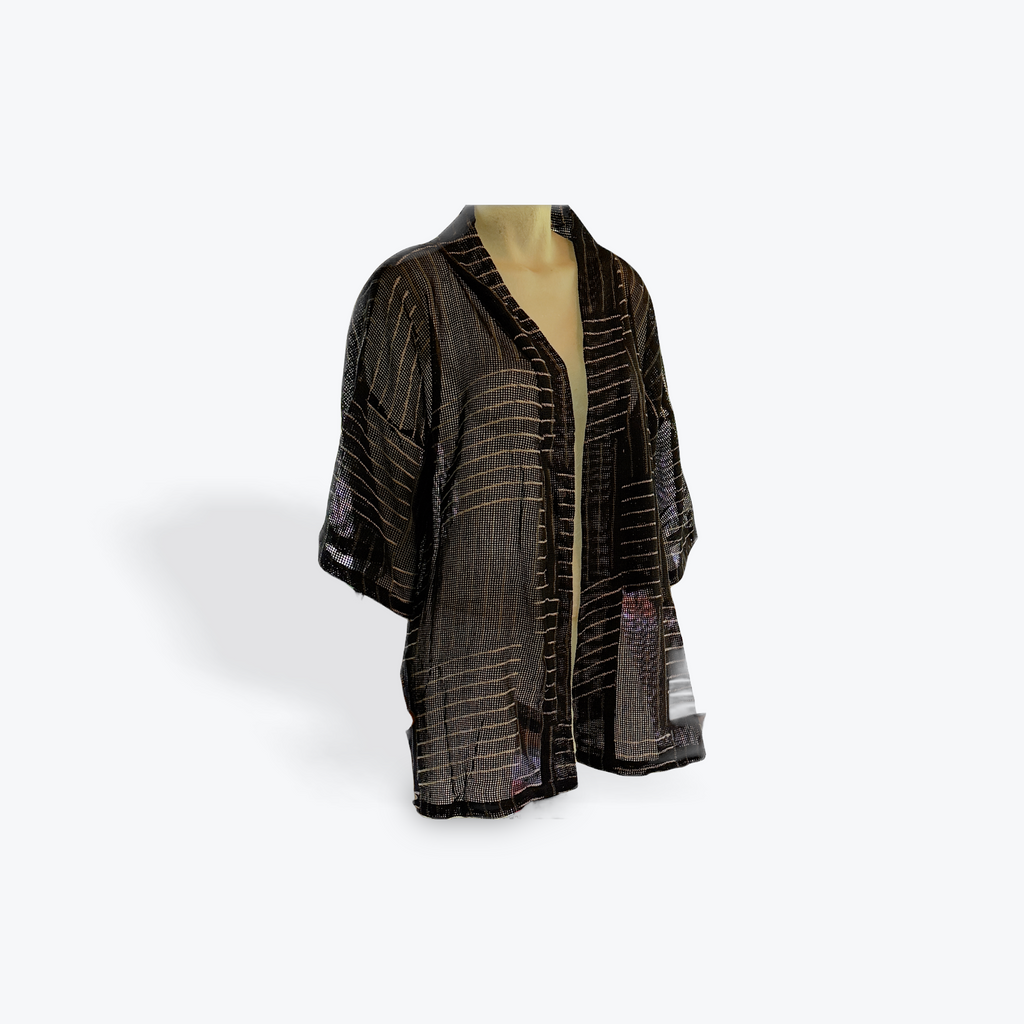 CLRS Woman - Sheer Block Print Kimono Jacket - Relaxed Mesh Layer