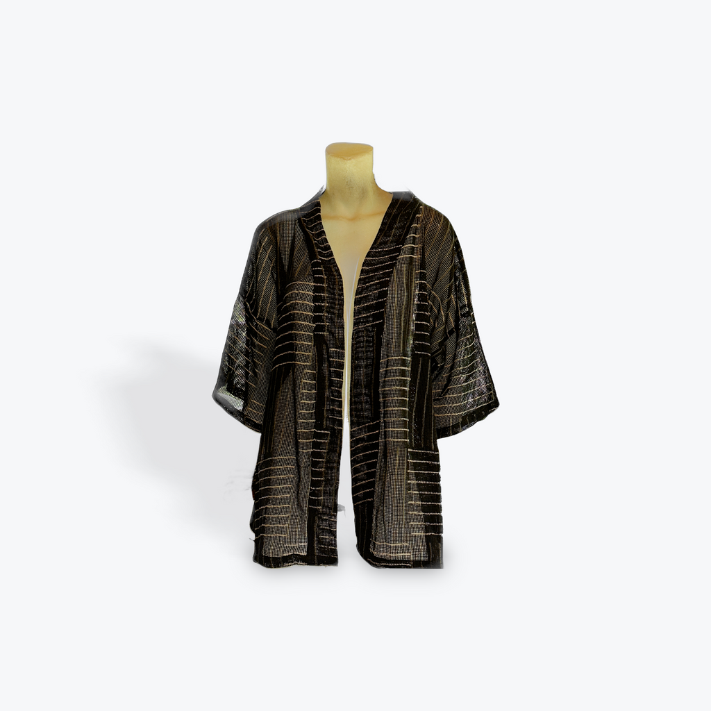 CLRS Woman - Sheer Block Print Kimono Jacket - Relaxed Mesh Layer