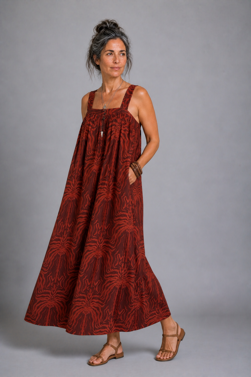 CLRS Woman - Tribal Print Maxi Dress - Relaxed Boho Sundress with Pockets