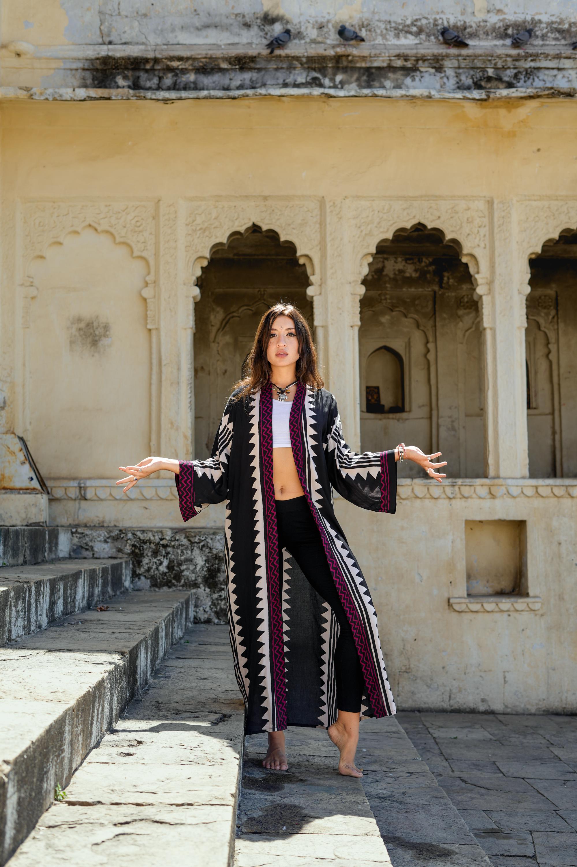 Tribal Graphic Midi Kimono – Earth Tones, Black & White and Maroon accent Bold Tribal Printed Rayon Wrap with Pockets and Sash