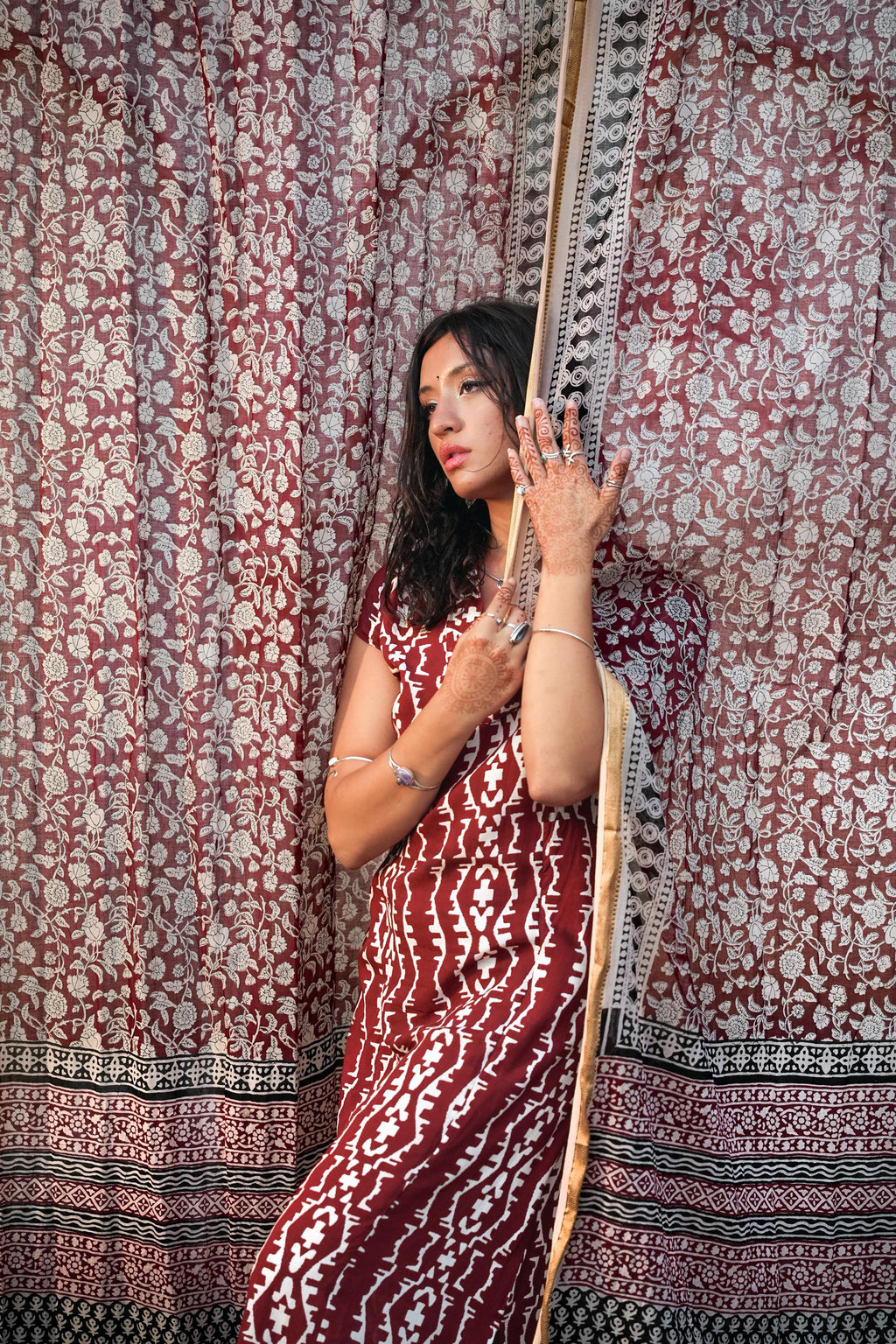 96" Block Print Cotton Curtains•Boho Tab Top Drapes with Border • Light Filtering Bohemian Style Curtain•Natural Cotton Style light Curtain
