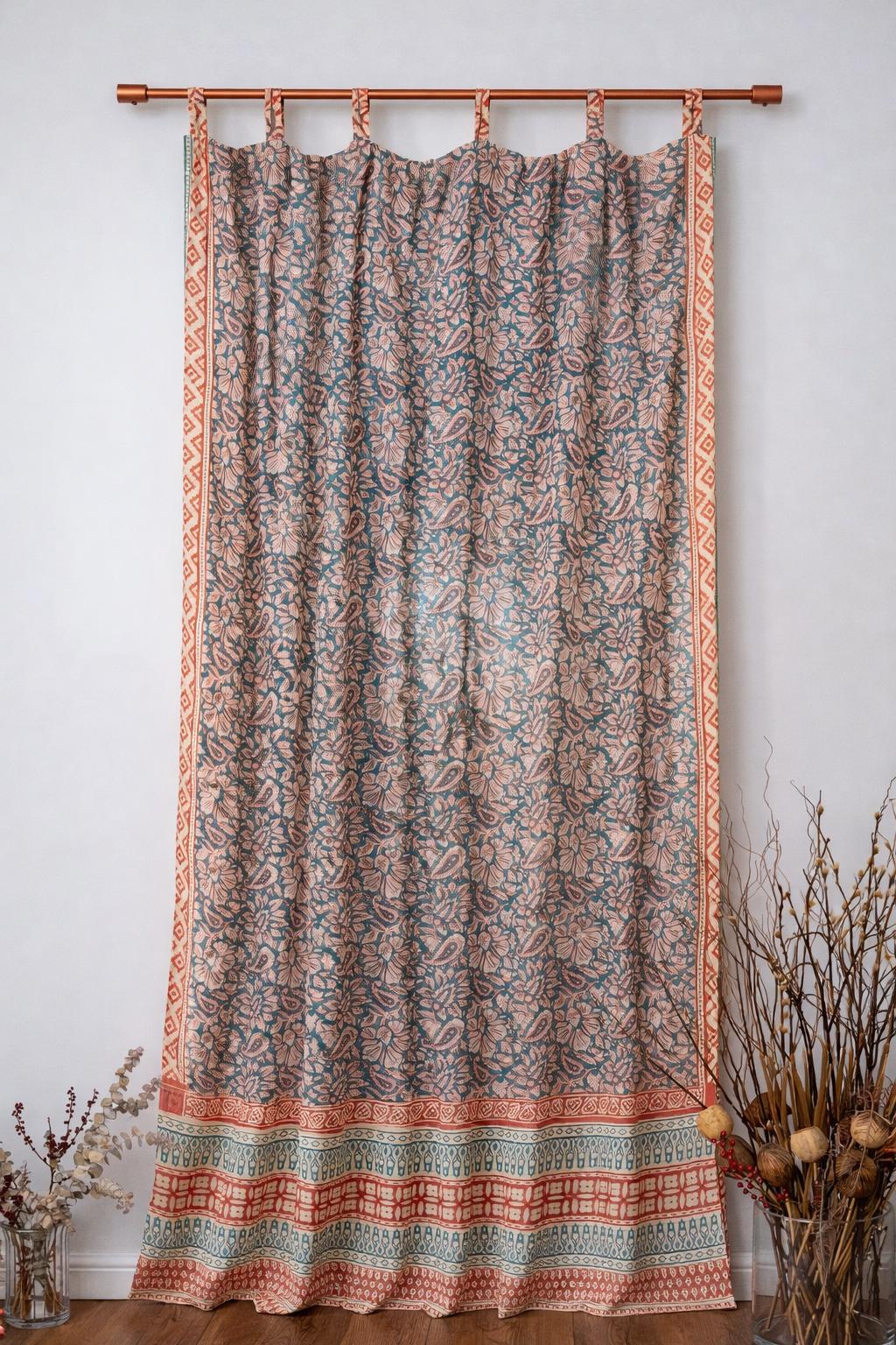 96" Block Print Cotton Curtains•Boho Tab Top Drapes with Border • Light Filtering Bohemian Style Curtain•Natural Cotton Style light Curtain
