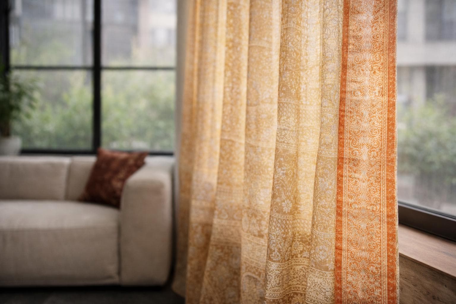 Boho Sari Curtains - Hemp and Rust Window Panels - Earth Tone Sheer Drapes - Warm Neutral Bohemian Living Room Decor
