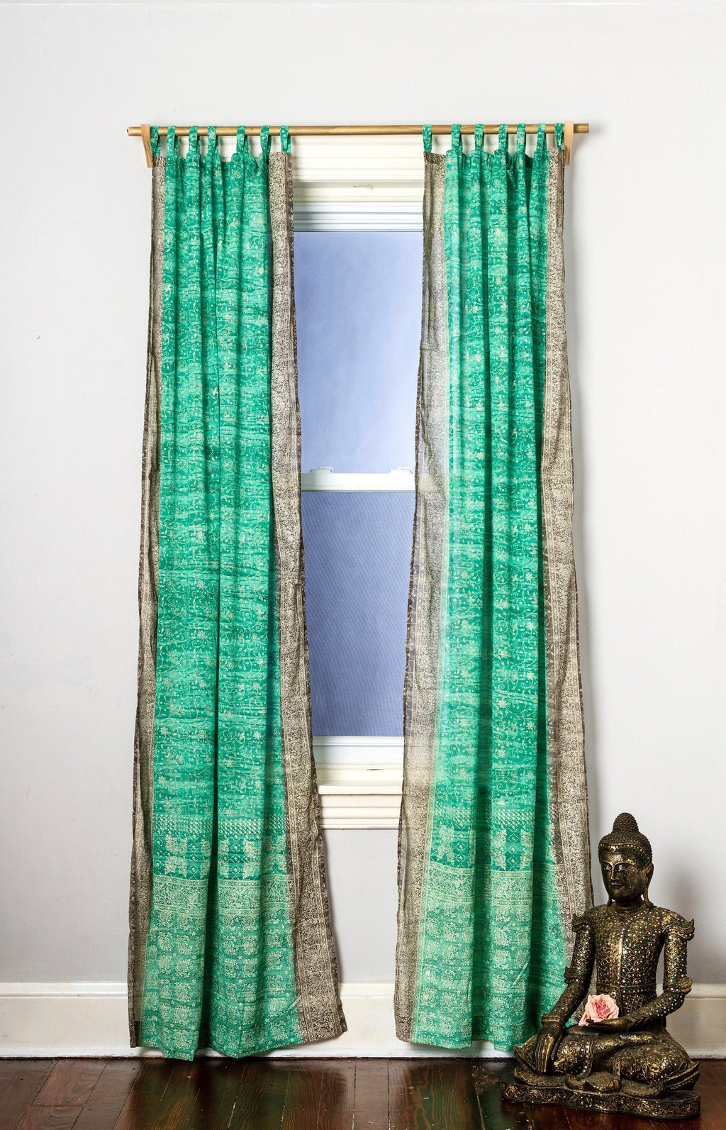 Sea Green Taupe Sari Curtain Boho Window Treatment Sheer Drapes for Bedroom Living Dining room Bed Canopy 84''L