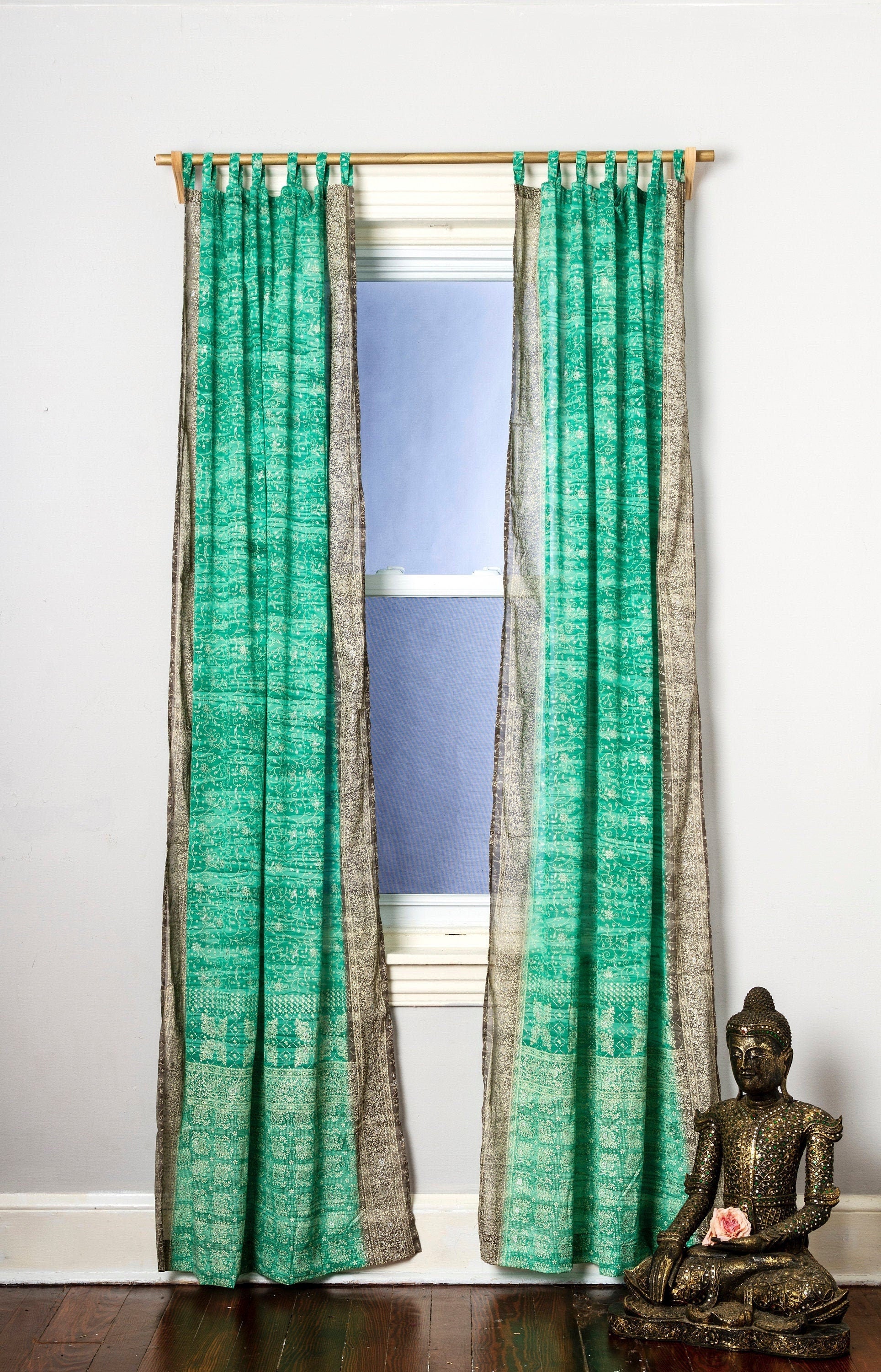 Sea Green Taupe Sari Curtain Boho Window Treatment Sheer Drapes for Bedroom Living Dining room Bed Canopy 84''L