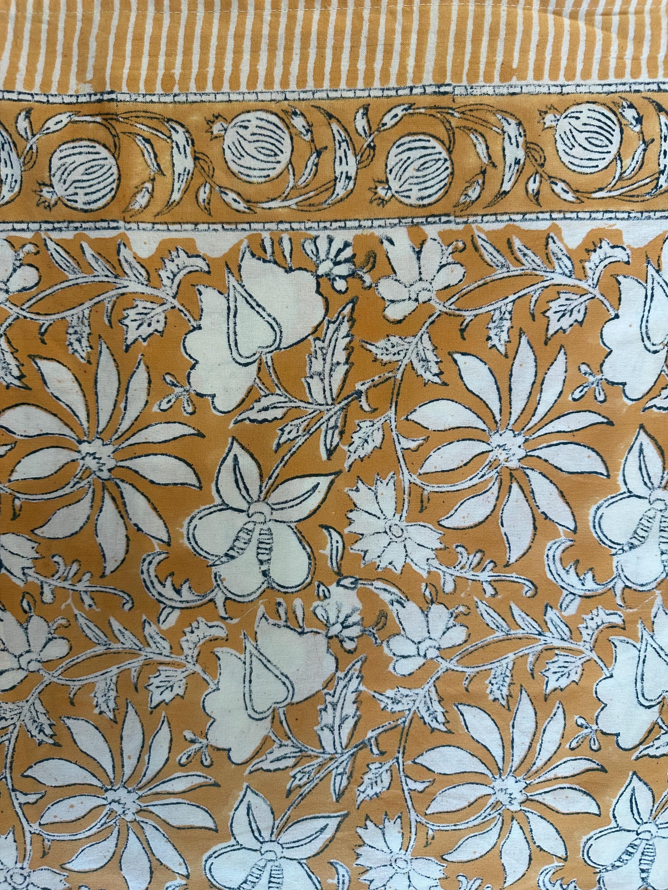 Hand Blockprint Cotton Tablecloth – Sage Lotus Design, Boho Holiday Decor