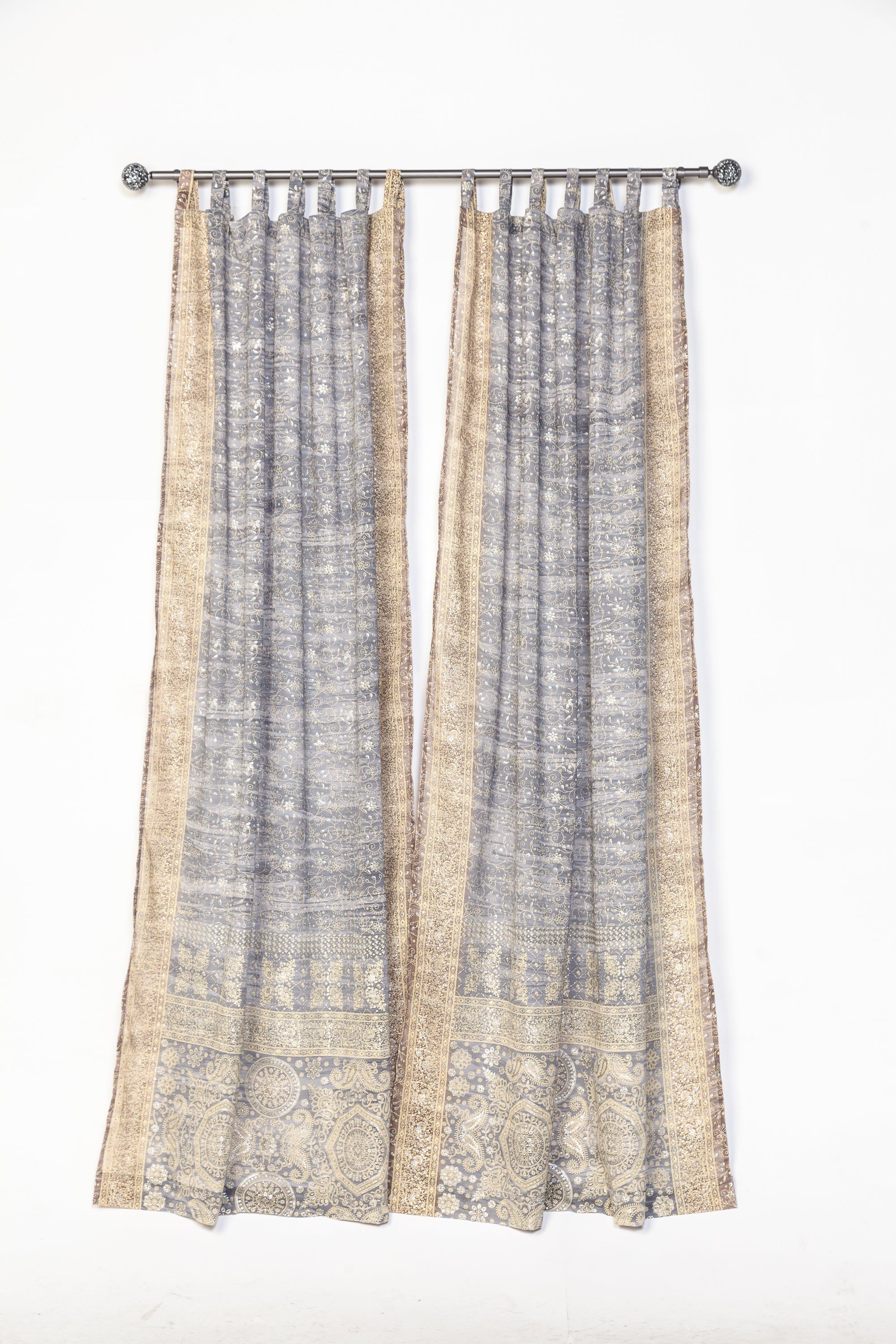 Block Print Sari Curtains, Light filtering , Boho Window Treatment, 84/96" Taupe Silver Olive Hemp vanilla BOHOME Collection