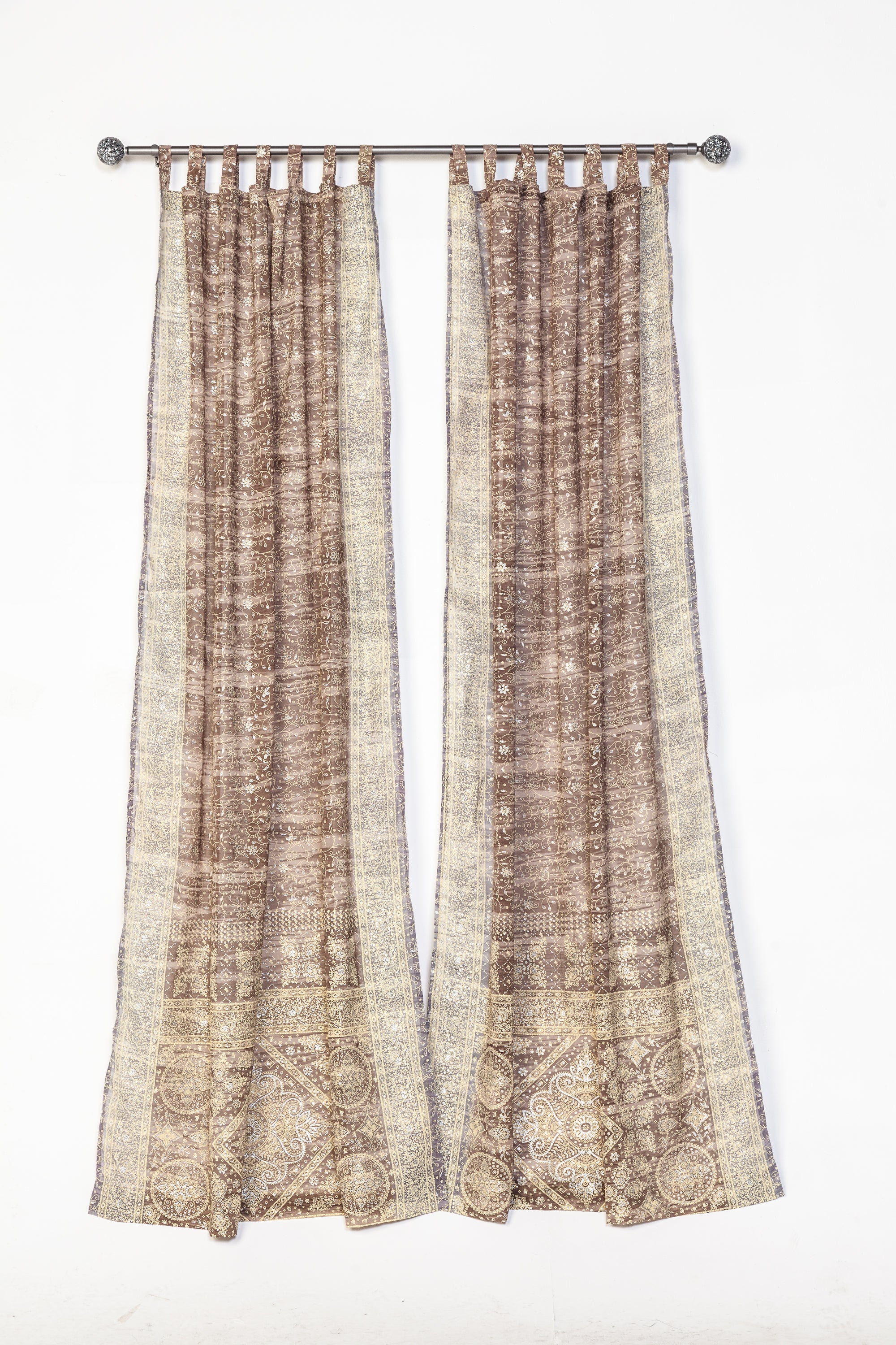 Block Print Sari Curtains, Light filtering , Boho Window Treatment, 84/96" Taupe Silver Olive Hemp vanilla BOHOME Collection
