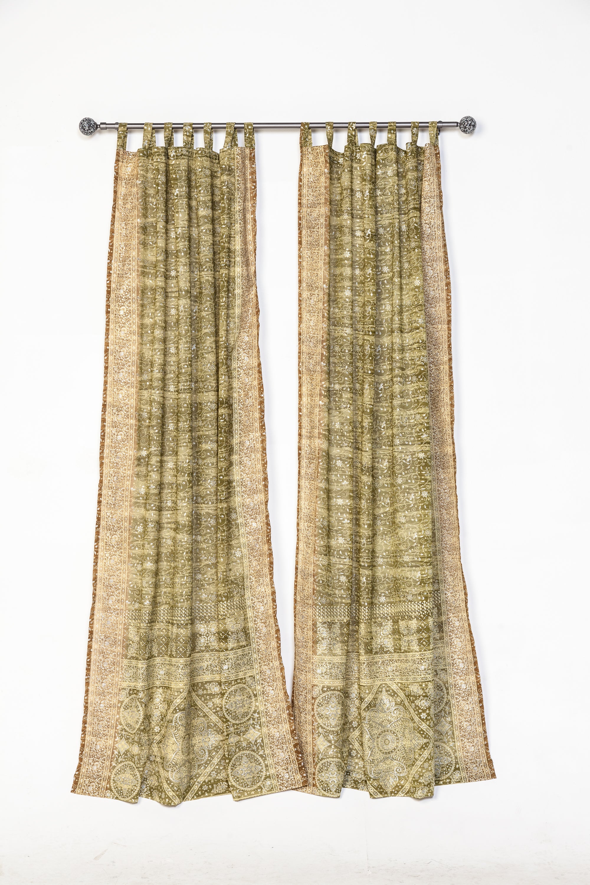 Block Print Sari Curtains, Light filtering , Boho Window Treatment, 84/96" Taupe Silver Olive Hemp vanilla BOHOME Collection