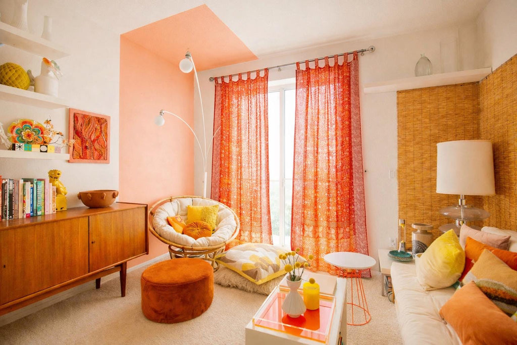 Boho Sari Curtains, Metallic Print Georgette, Light Filtering Light filtering Drapes - limited edition Orange/crimson