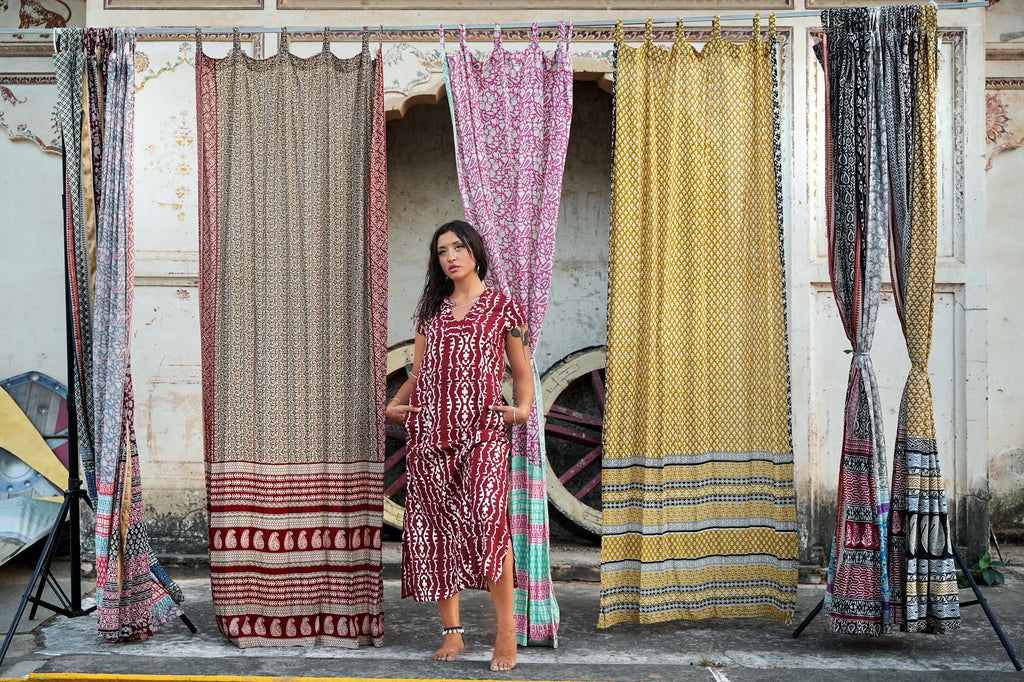 96" Block Print Rayon Curtains•Boho Tab Top Drapes with Border • Light Filtering Bohemian Style Curtain • Soft rayon Style light Curtain