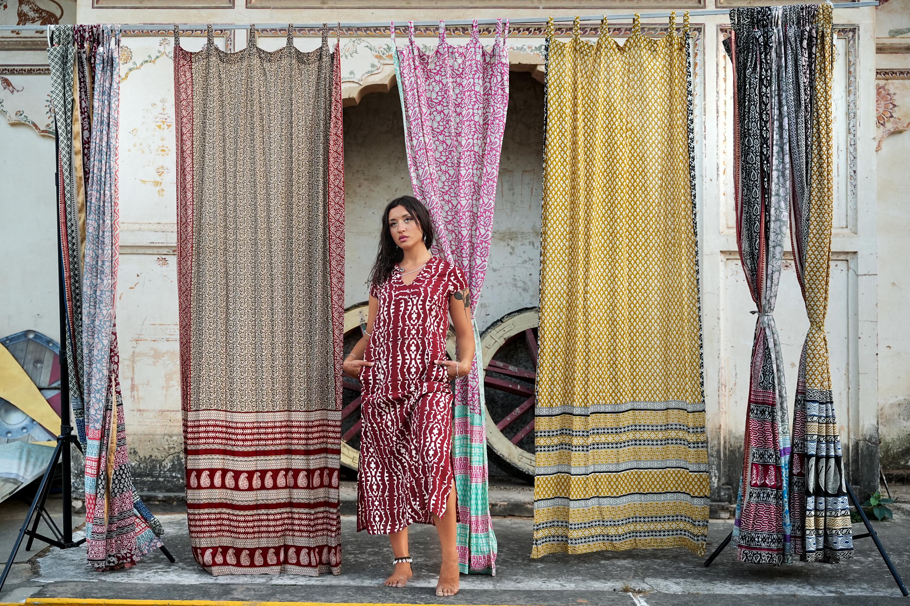 96" Block Print Rayon Curtains•Boho Tab Top Drapes with Border • Light Filtering Bohemian Style Curtain • Soft rayon Style light Curtain