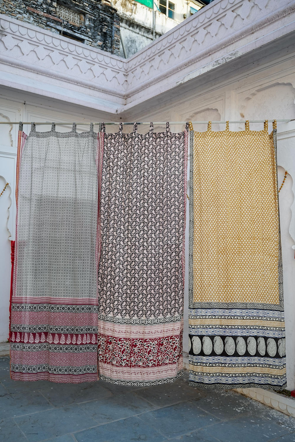 96" Block Print Cotton Curtains•Boho Tab Top Drapes with Border • Light Filtering Bohemian Style Curtain•Natural Cotton Style light Curtain