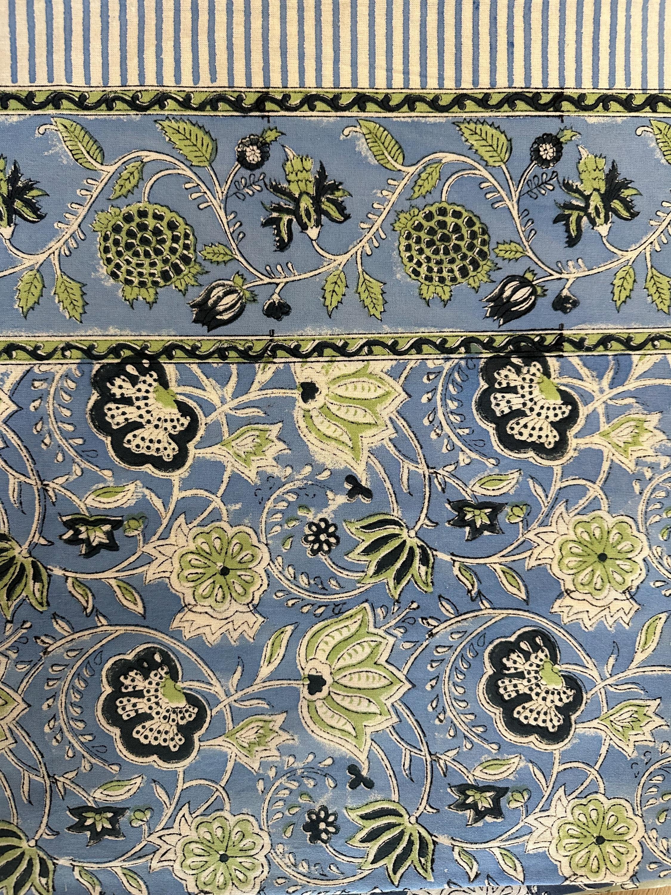 Decorative hand Block Print Tablecloth–Boho Cotton with Lush Fruit & Floral Motifs, Washable Cotton XL 120"L or 90x60w Dinner Holiday Table