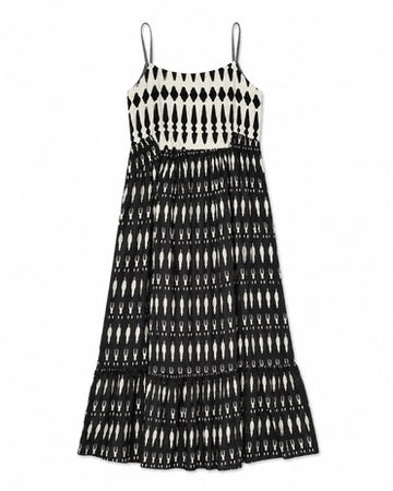 CLRS Woman - Black Ikat Patchwork Maxi Dress - Boho Tiered Sundress with Smocked Back