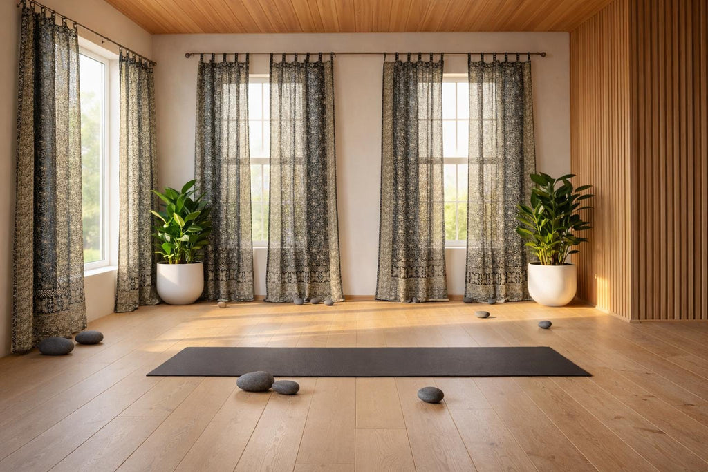 Yoga Studio Curtains Light Filtering Panels, Black Sari Curtains, Meditation Room Drapes, Sheer Boho Window Curtains