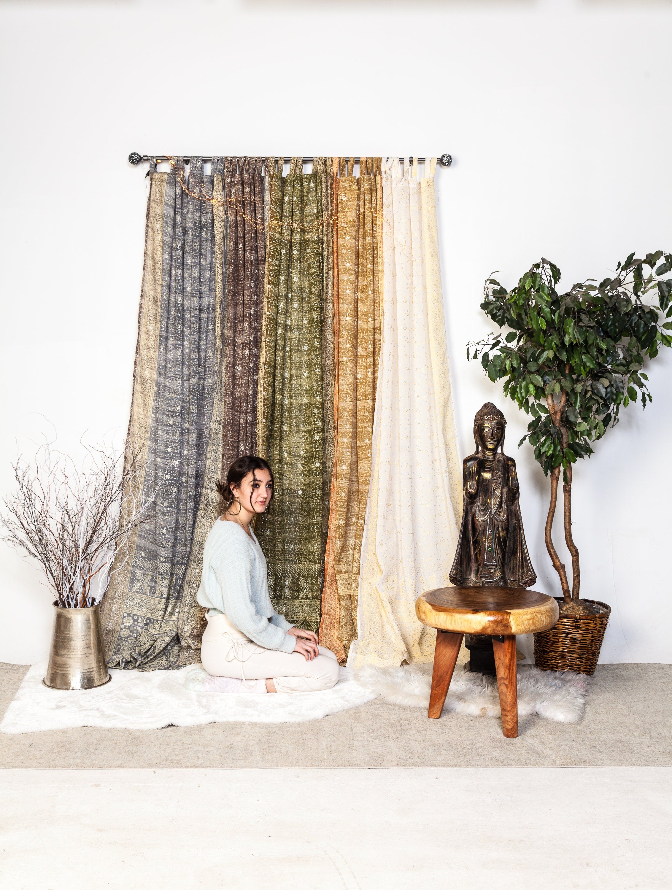 Boho Sari Curtains - Hemp and Rust Window Panels - Earth Tone Sheer Drapes - Warm Neutral Bohemian Living Room Decor