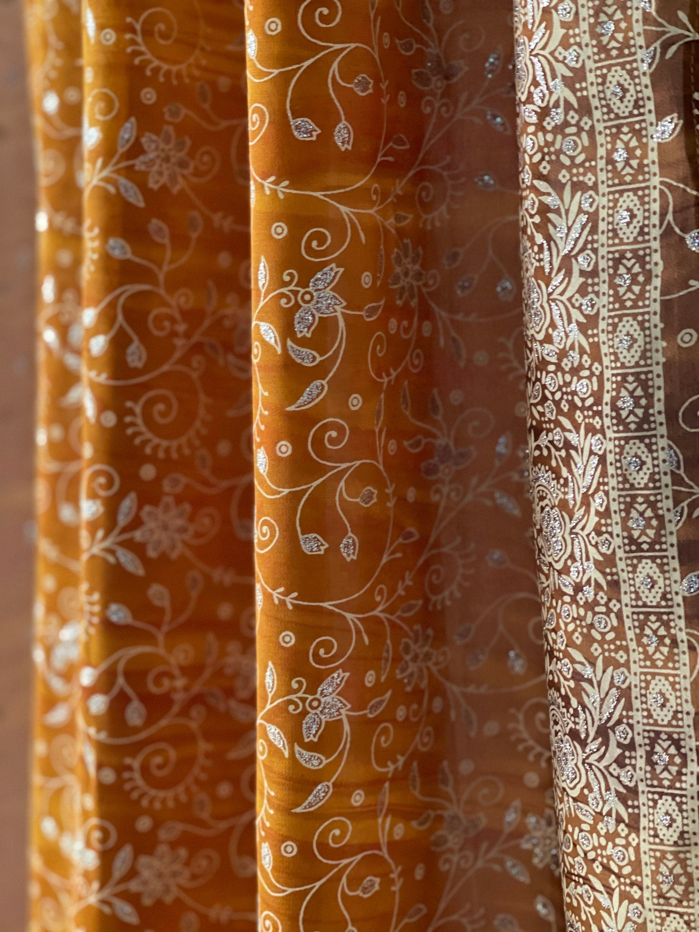 Light-Filtering Sari Curtains 84"/96"L Boho Curtains, sheer drapes Bed Canopy, Amber Gold Window Treatment Living/Bedroom