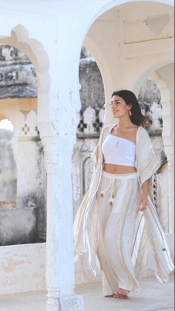 Boho Kaftan Drawstring Pants Set – Heirloom Weave, Soft Feminine Holiday Outfit Flowy Festival Style for Rosh Hashanah & Fall Gatherings