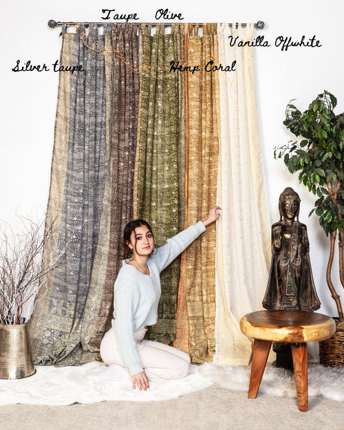 Block Print Sari Curtains, Light filtering , Boho Window Treatment, 84/96" Taupe Silver Olive Hemp vanilla BOHOME Collection