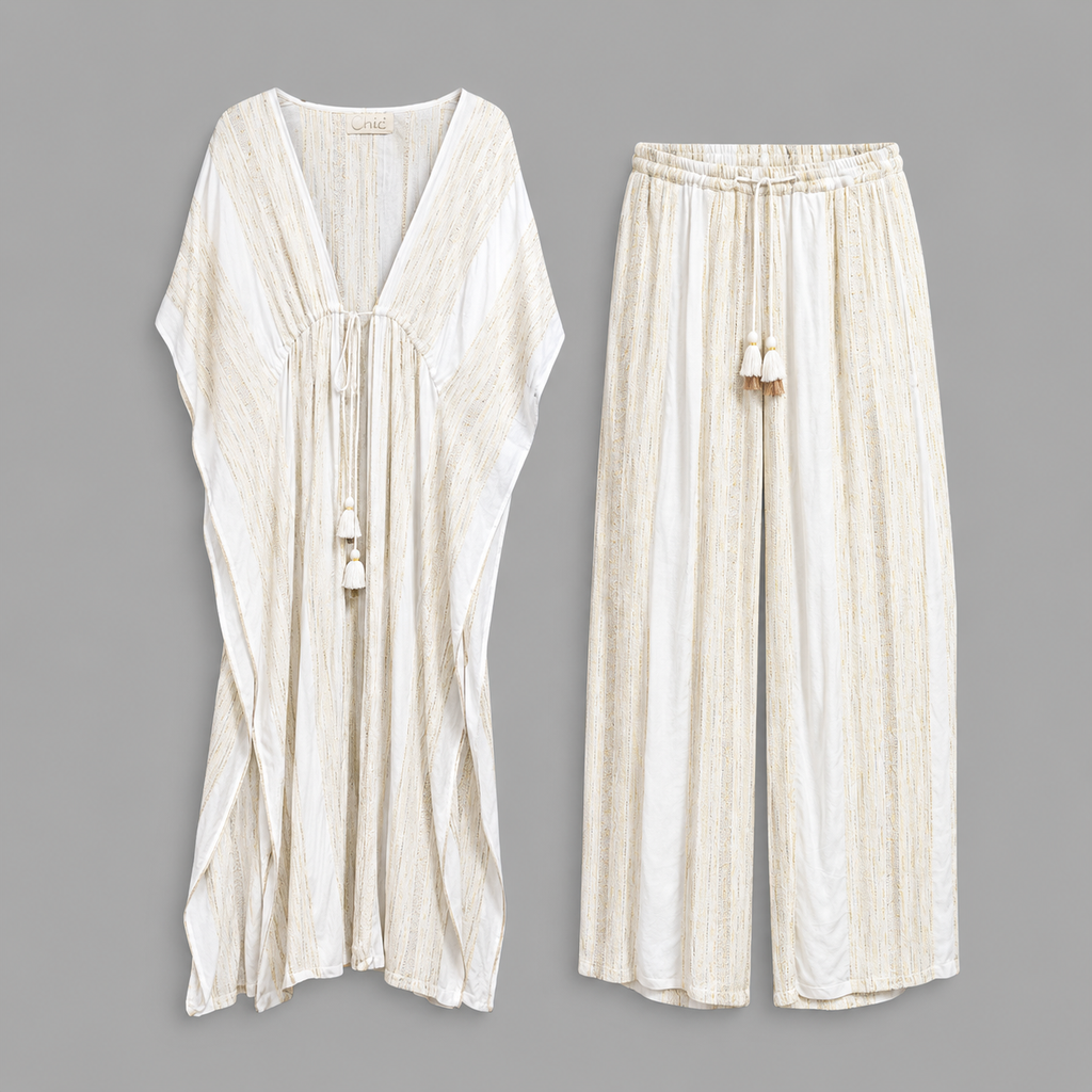 Boho Kaftan Drawstring Pants Set – Heirloom Weave, Soft Feminine Holiday Outfit Flowy Festival Style for Rosh Hashanah & Fall Gatherings