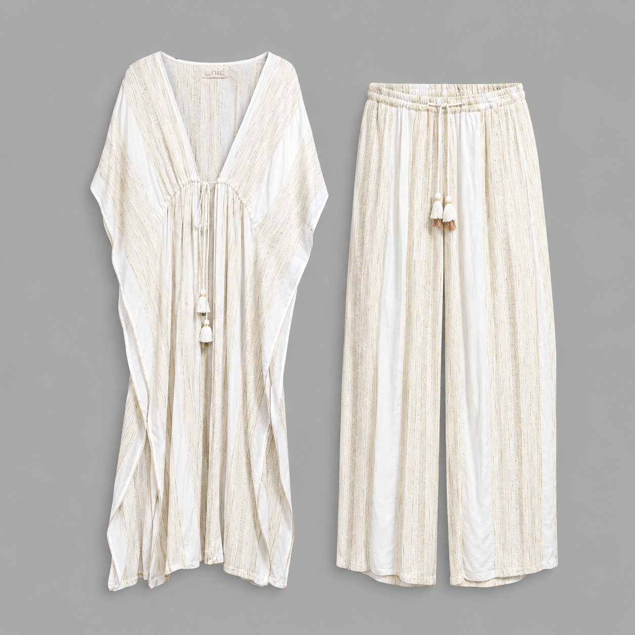 Boho Kaftan Drawstring Pants Set – Heirloom Weave, Soft Feminine Holiday Outfit Flowy Festival Style for Rosh Hashanah & Fall Gatherings