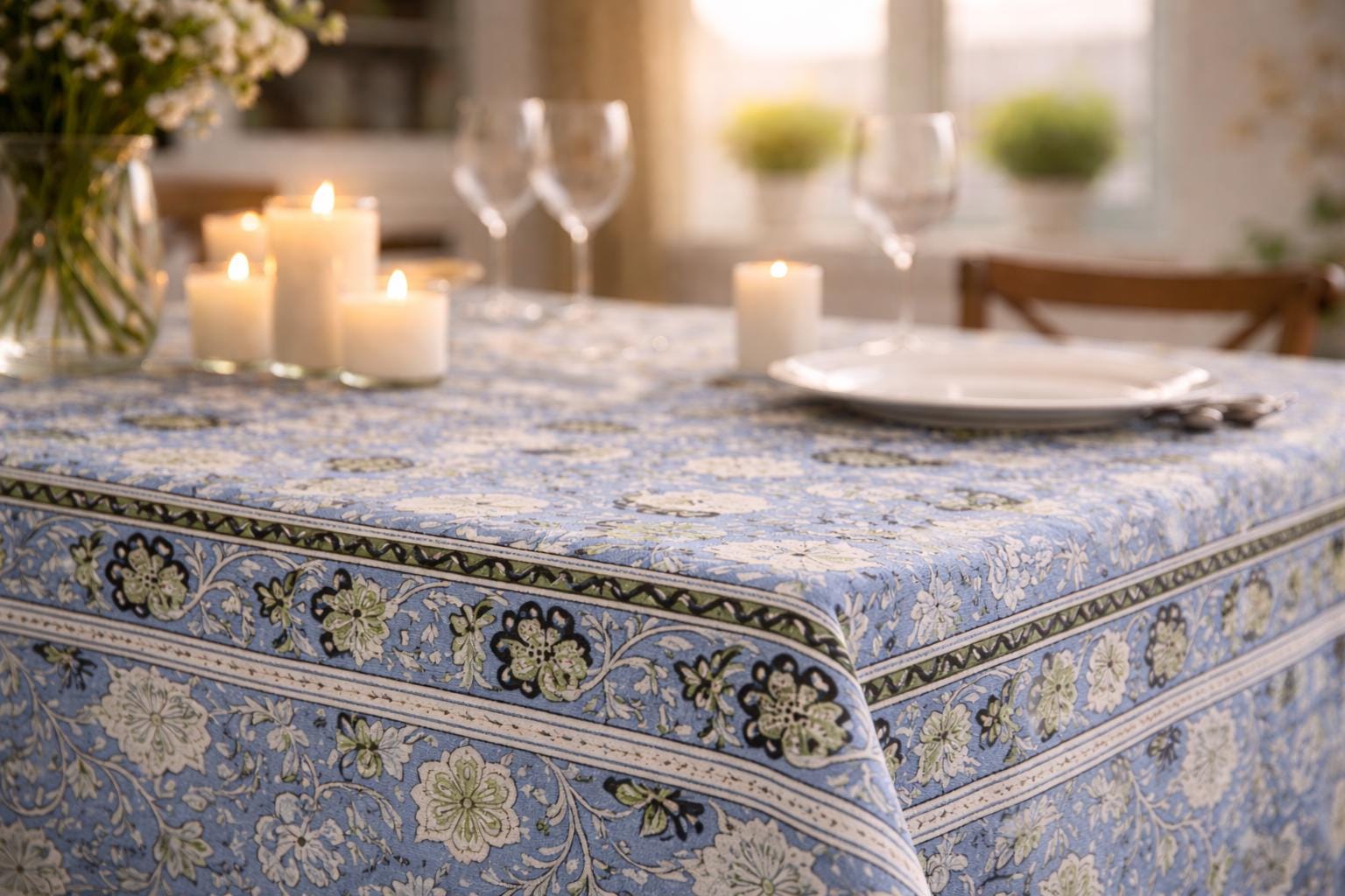 Tablecloth - Boho Blockprint- Handmade Cotton Table Cover - Holiday Entertaining - XL 120"