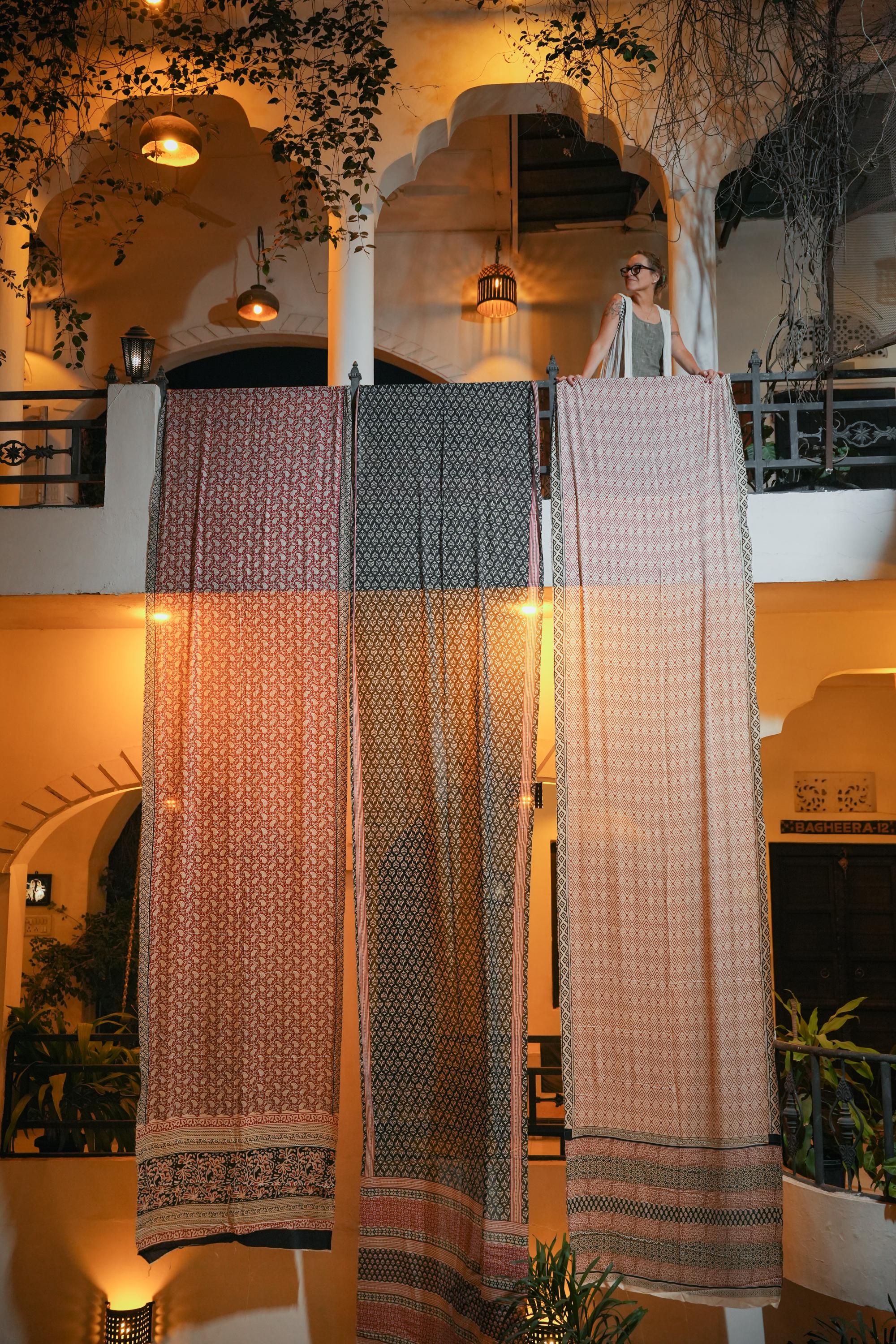 Block Print Cotton Curtains • Boho Border Drapes, Light Filtering Bohemian Style (96" Length)