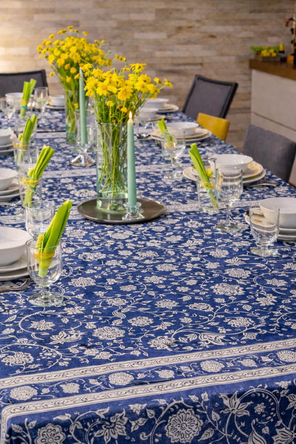 Tablecloth - Blue Lotus Pomegranate print  - Handmade Cotton Table Cover - Holiday Entertaining - XL 90" and 120"