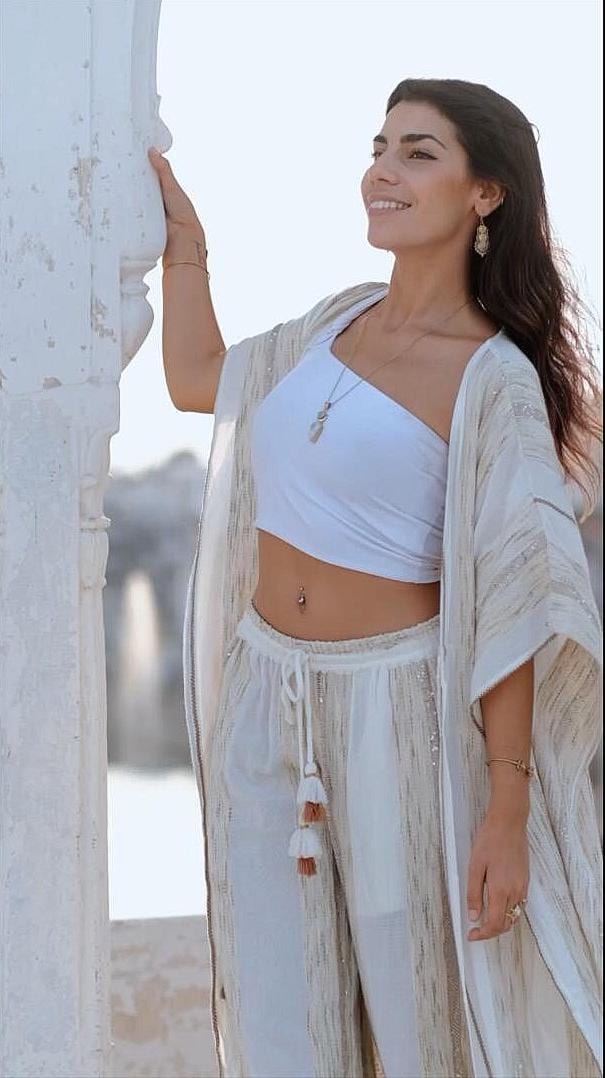 Boho Kaftan Drawstring Pants Set – Heirloom Weave, Soft Feminine Holiday Outfit Flowy Festival Style for Rosh Hashanah & Fall Gatherings
