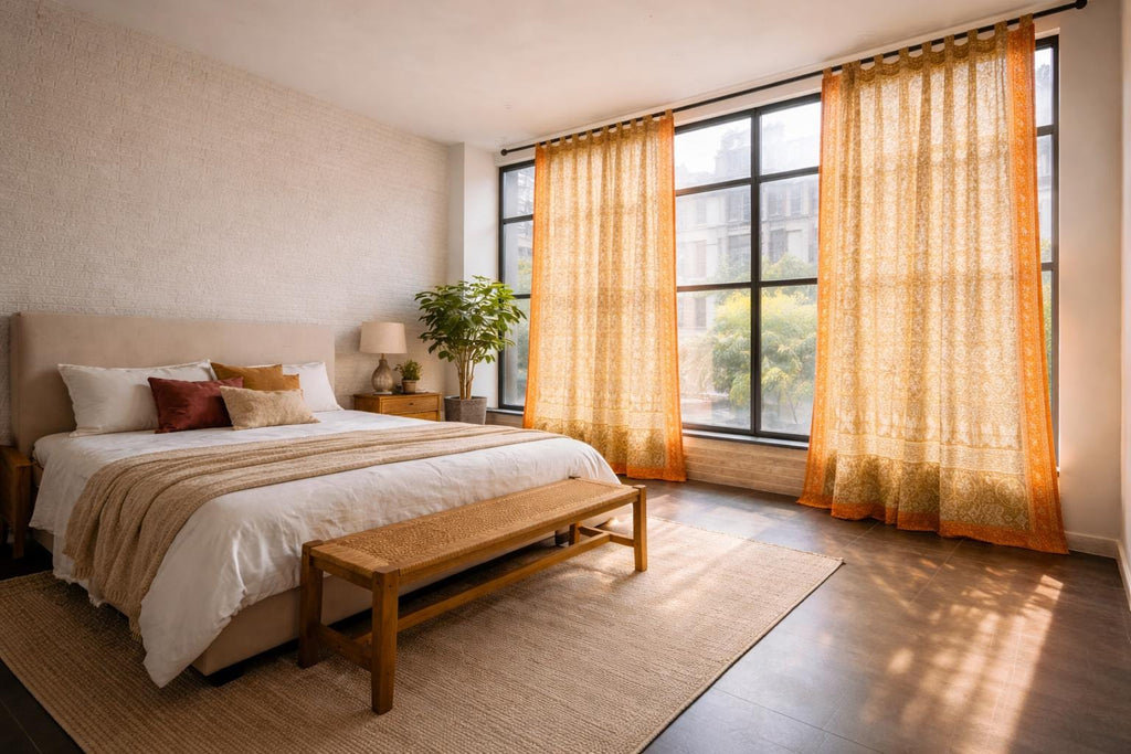 Boho Sari Curtains - Hemp and Rust Window Panels - Earth Tone Sheer Drapes - Warm Neutral Bohemian Living Room Decor