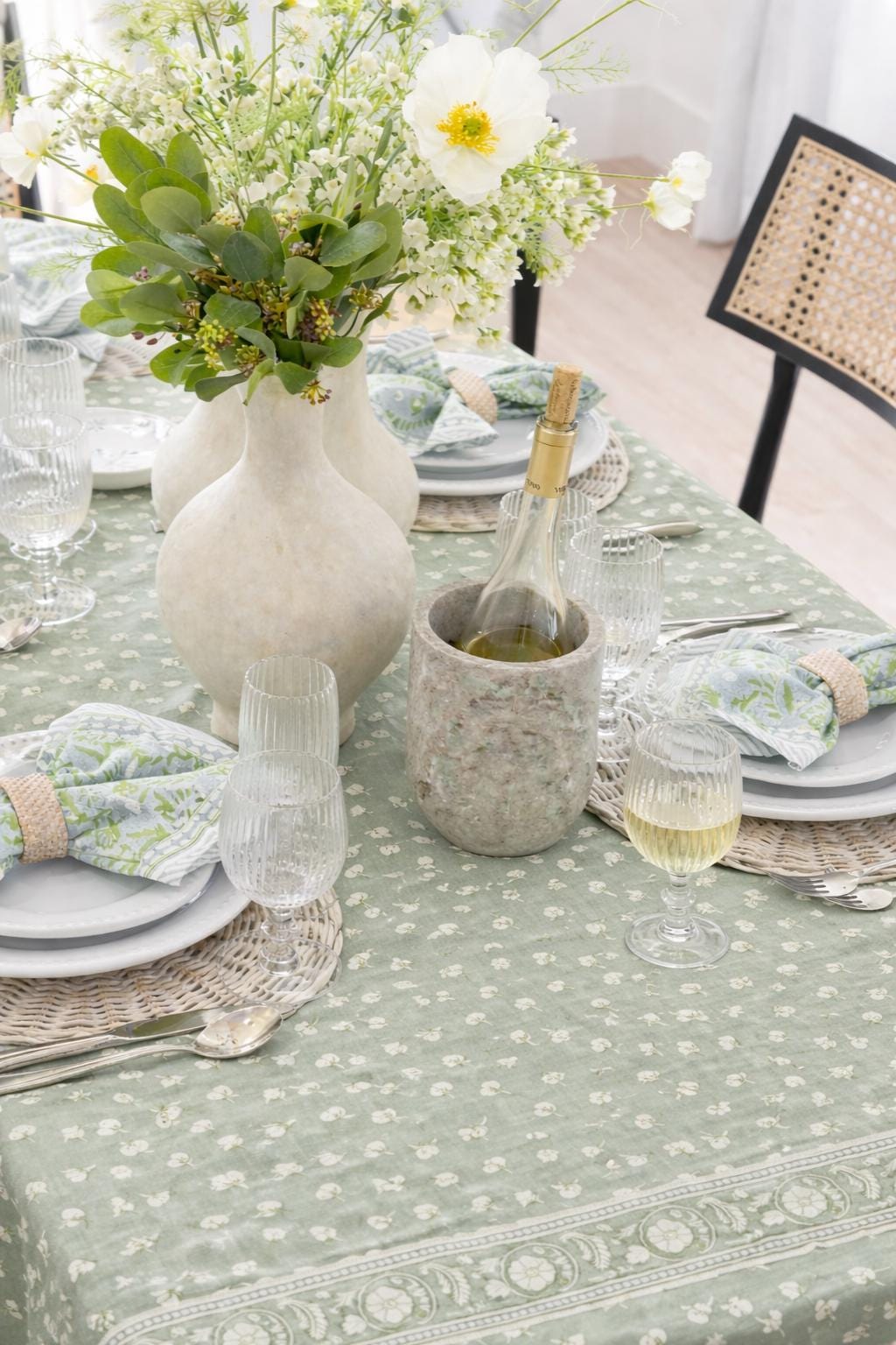 Tablecloth - Sage Lotus Design - Boho Blockprint- Handmade Cotton Table Cover - XL 120"