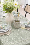 Tablecloth - Sage Lotus Design - Boho Blockprint- Handmade Cotton Table Cover - XL 120"