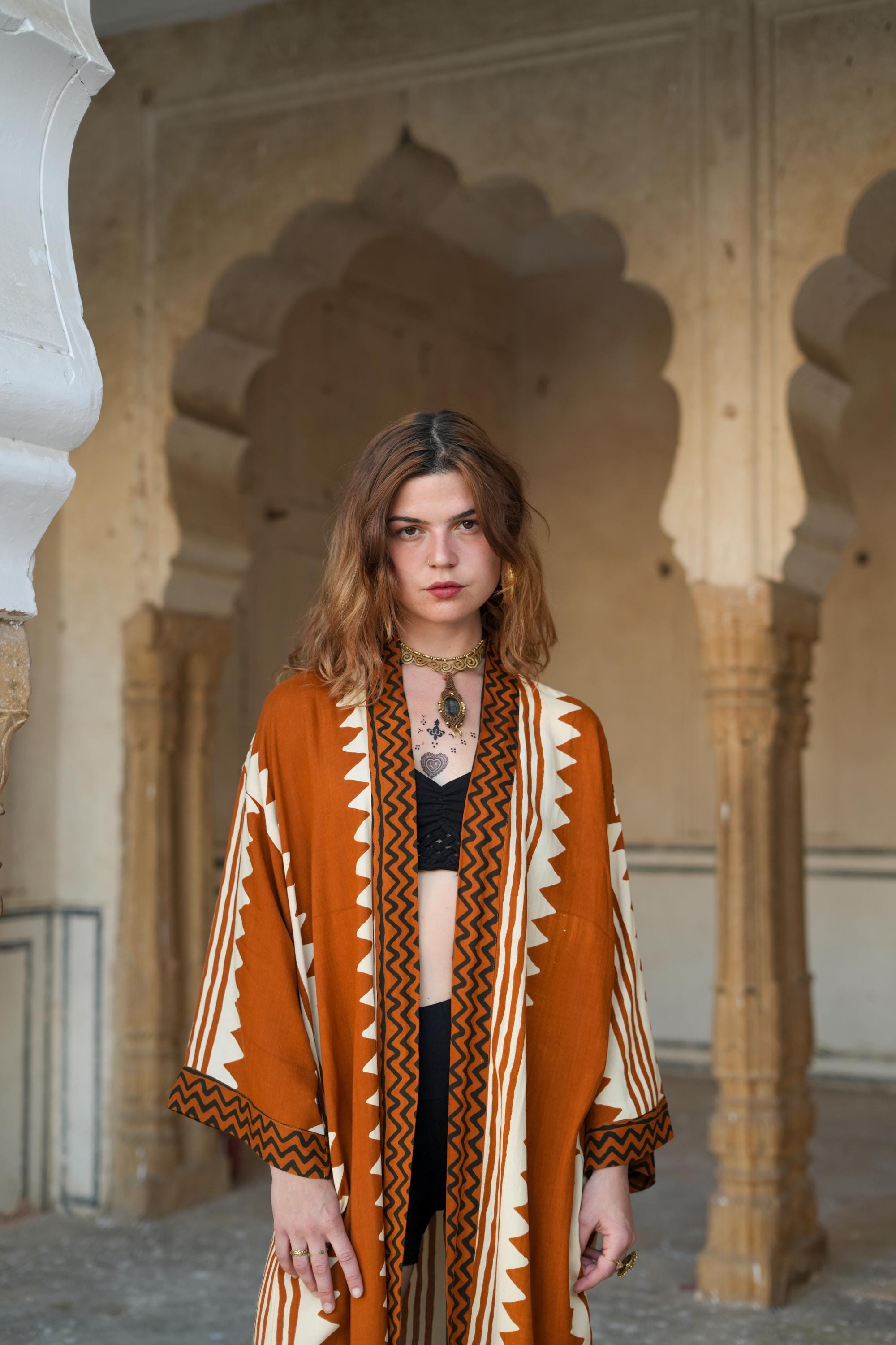 Tribal Graphic Midi Kimono – Earth Tones, Black & White and Maroon accent Bold Tribal Printed Rayon Wrap with Pockets and Sash