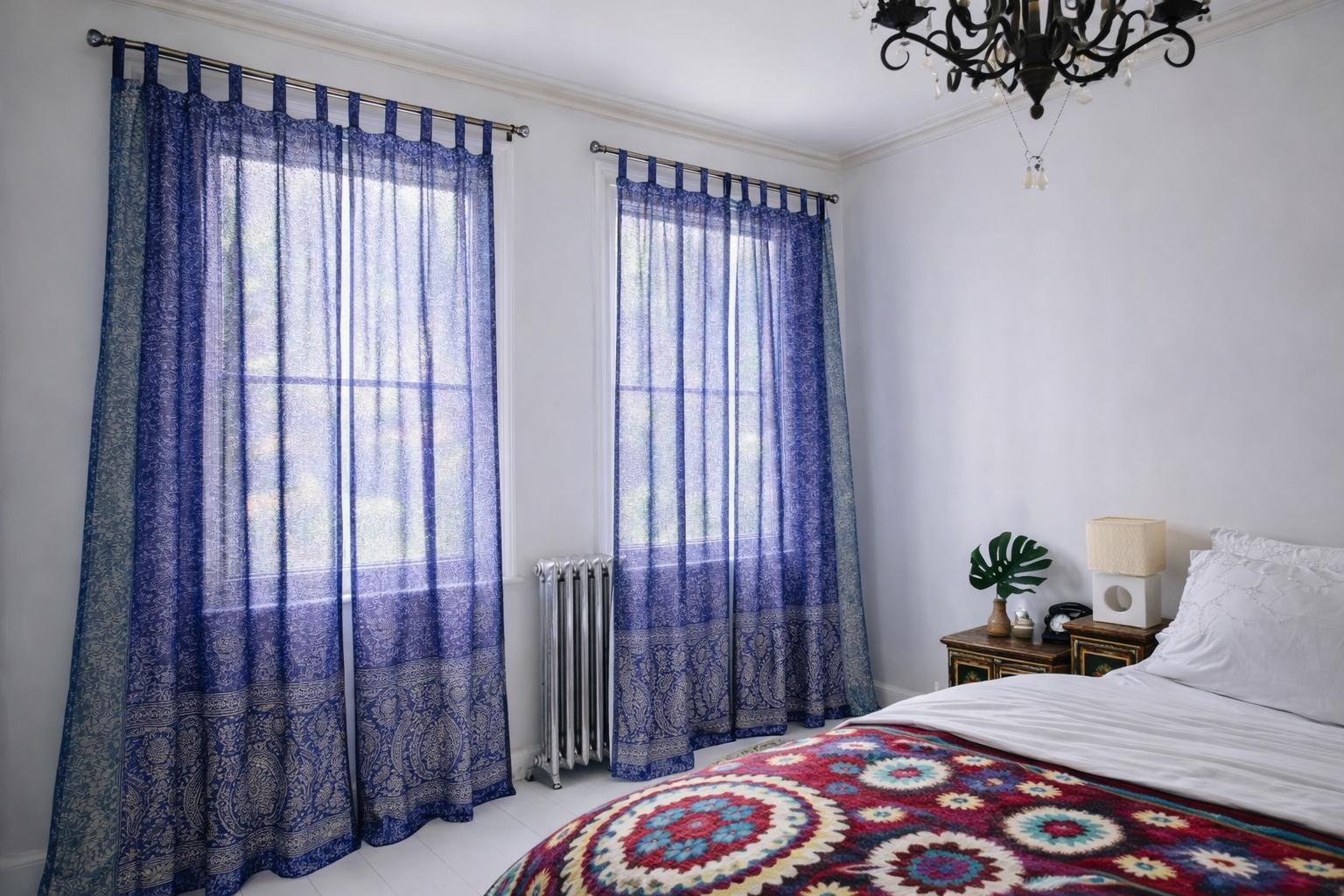 Purple Indigo Sari Curtain: Boho Light-Filtering Drapes, Block Print