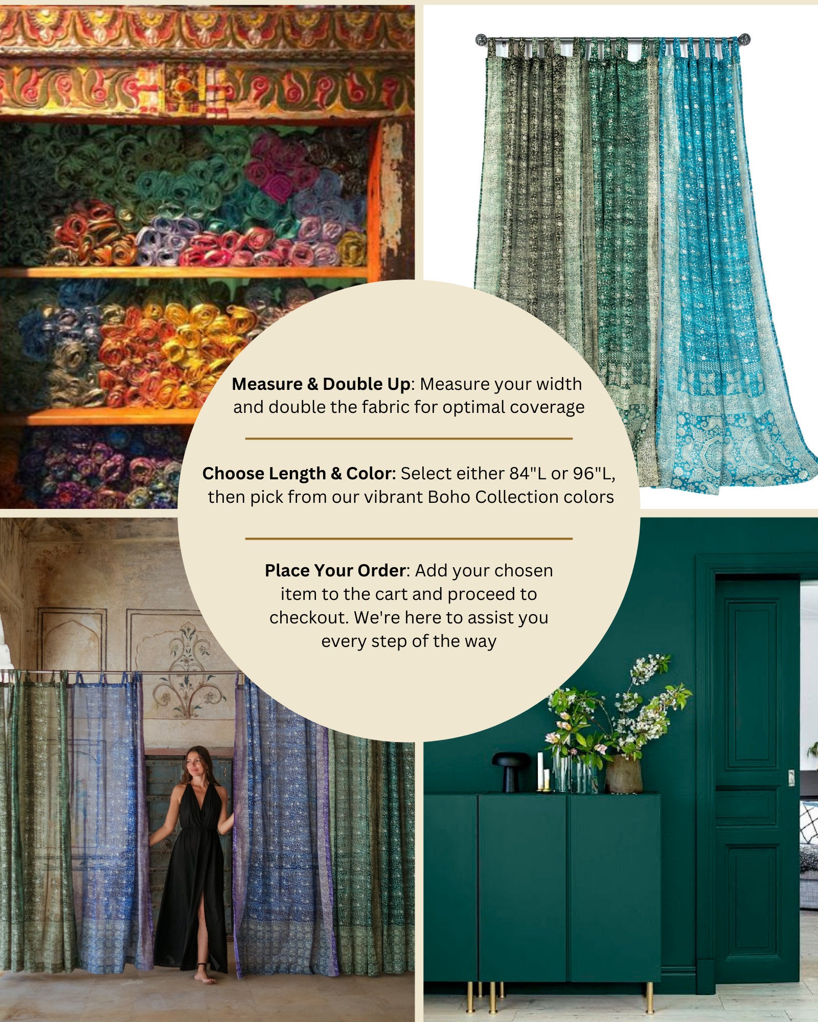 Mixing colors in one space, Pine Green and Teal Sari Lined panels, Curtains Light-Filtering, Boho Window Treatment