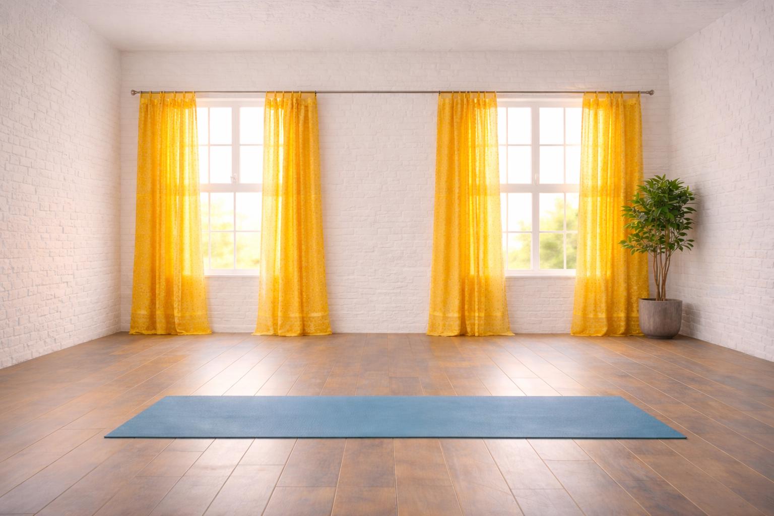 Golden light in serene yoga studio, Light Filtering Panels, Yellow  Sari Curtains, Meditation Room Drapes, Sheer Boho Window Curtains