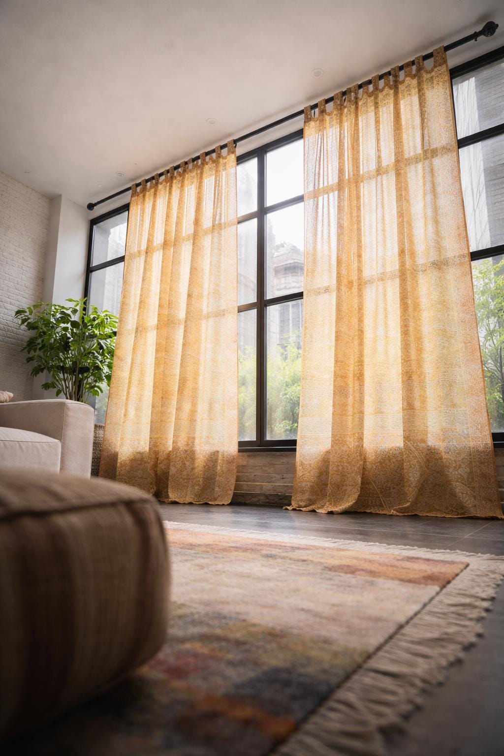 Boho Sari Curtains - Hemp and Rust Window Panels - Earth Tone Sheer Drapes - Warm Neutral Bohemian Living Room Decor